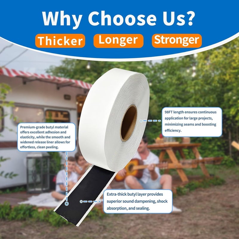 Wixeeua Double Sided Butyl Tape 2 Inch x 98FT, RV Butyl Sealant Tape for Window, Roofing, Car Doors, Boat, Pipe, DIY Projects, Permanent Bond, Waterproof Weatherproof, 1 Pack - Image 3